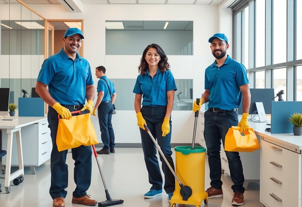 Professional cleaning team in action at a modern office space